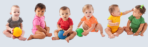 Babies wearing colorful clothing posing for a group picture.